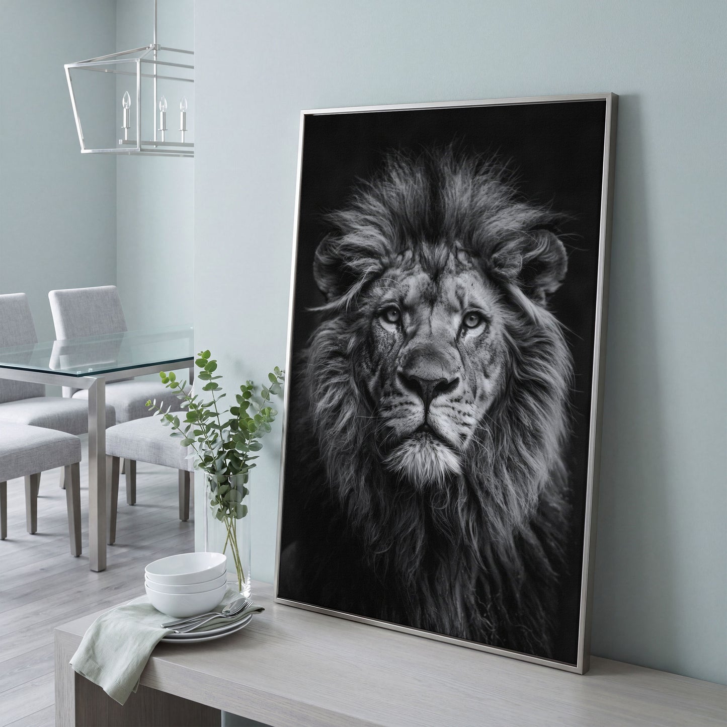 Black and White Lion Portrait Canvas in silver floating frame