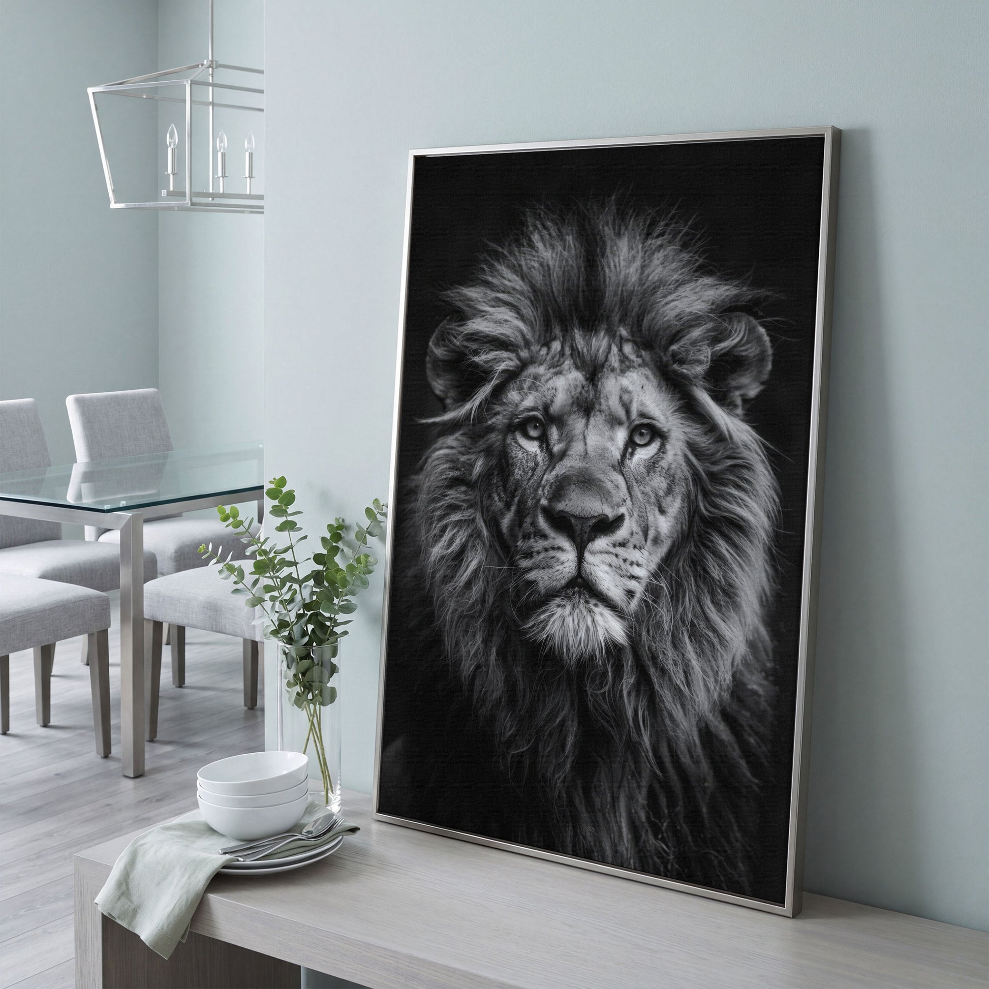 Black and White Lion Portrait Canvas in silver floating frame