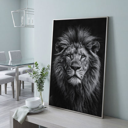 Black and White Lion Portrait Canvas in silver floating frame