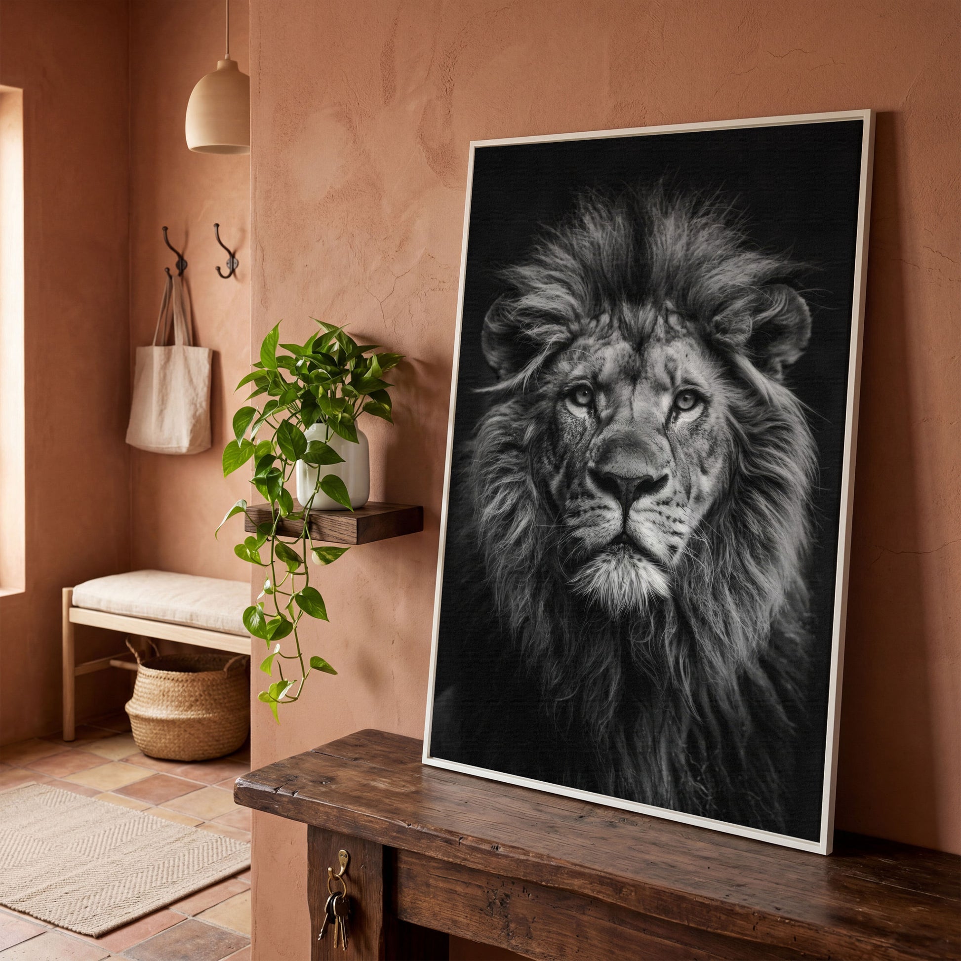 Black and White Lion Portrait Canvas in white floating frame