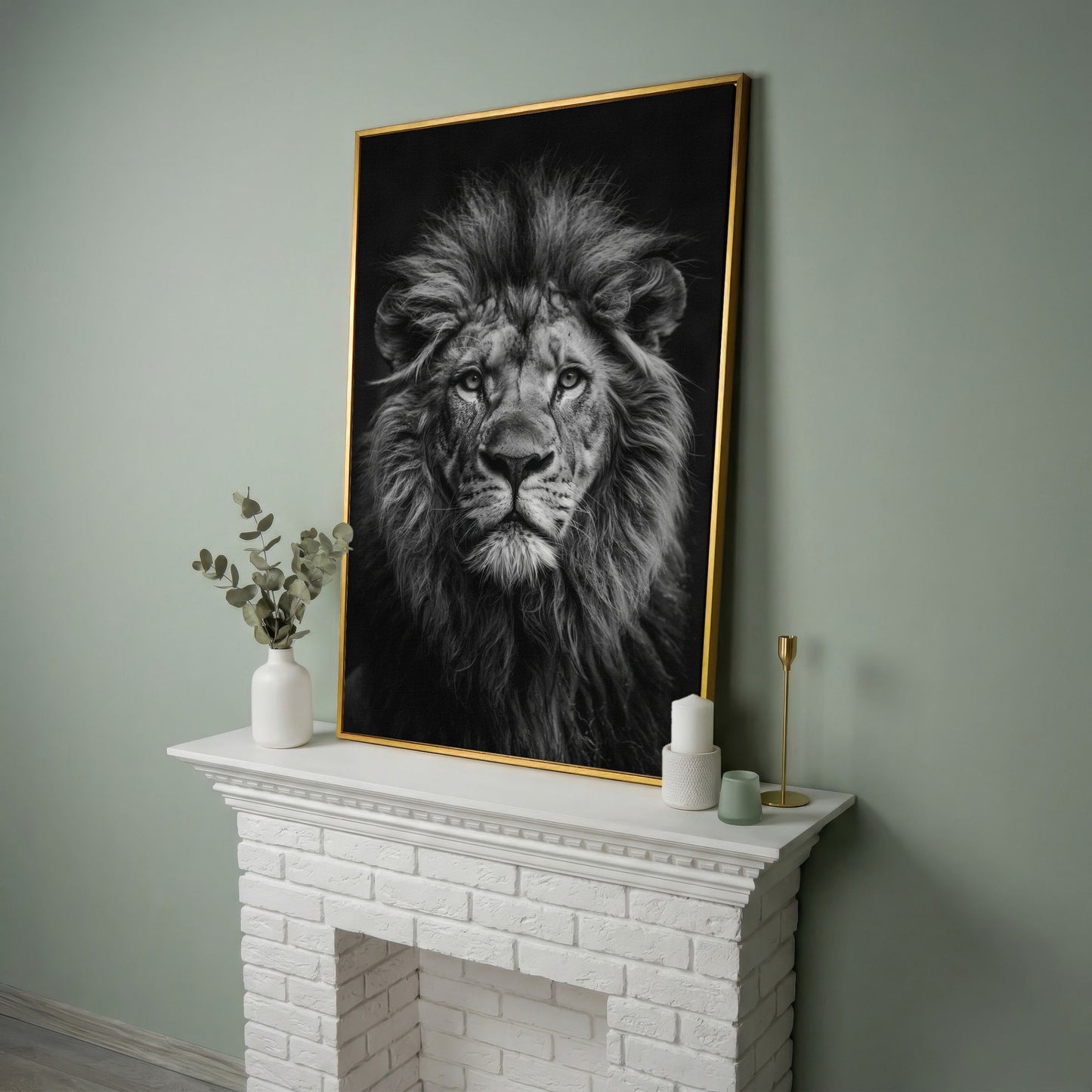 Black and White Lion Portrait Canvas in yellow gold floating frame
