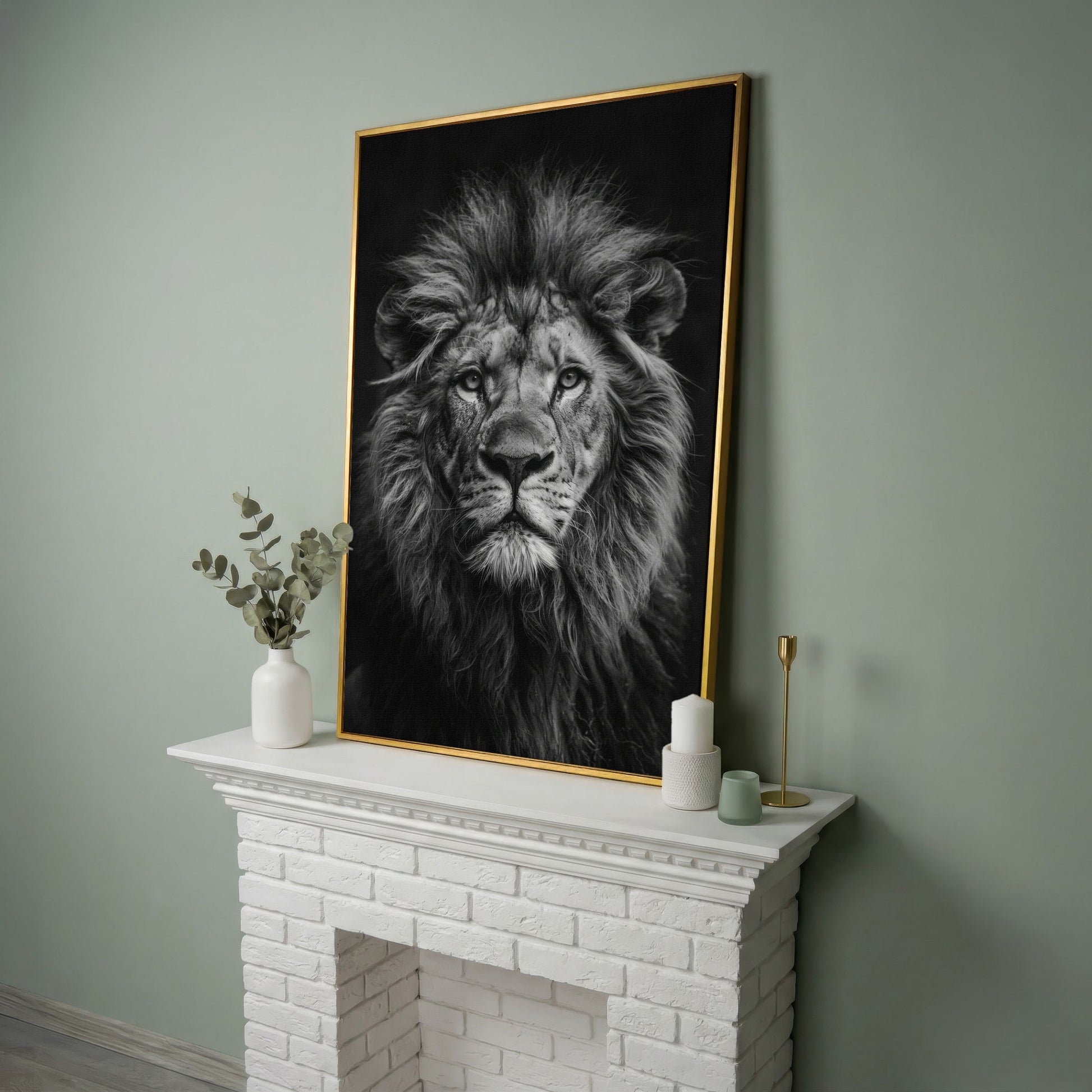 Black and White Lion Portrait Canvas in yellow gold floating frame