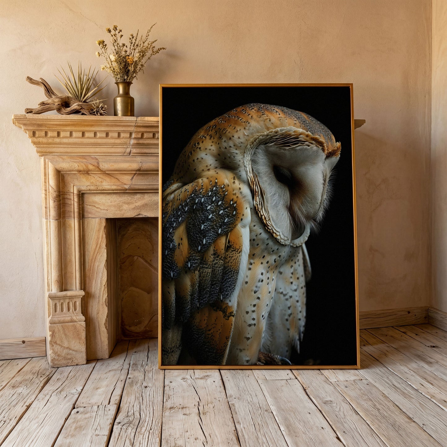 Barn Owl Portrait Canvas Print in antique gold floating frame