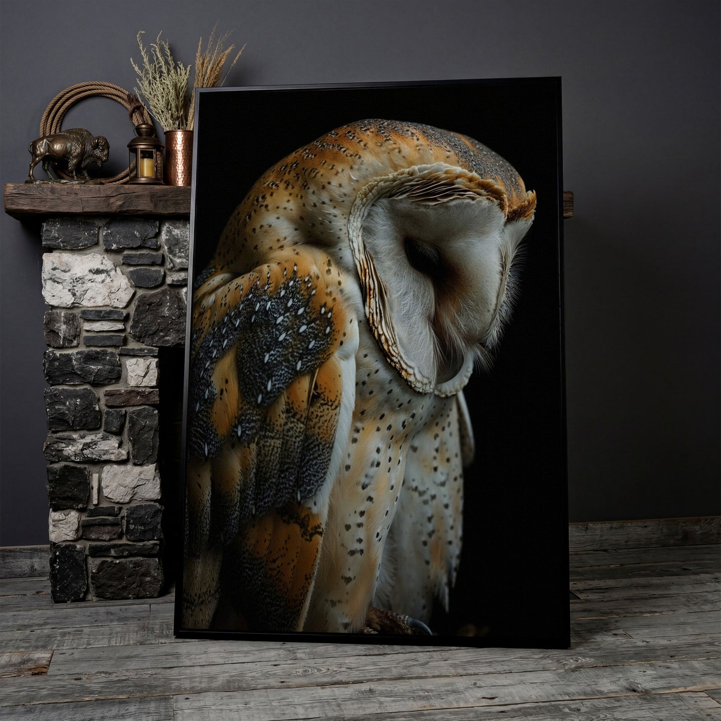 Barn Owl Portrait Canvas Print in black floating frame