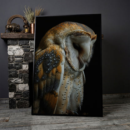 Barn Owl Portrait Canvas Print in black floating frame