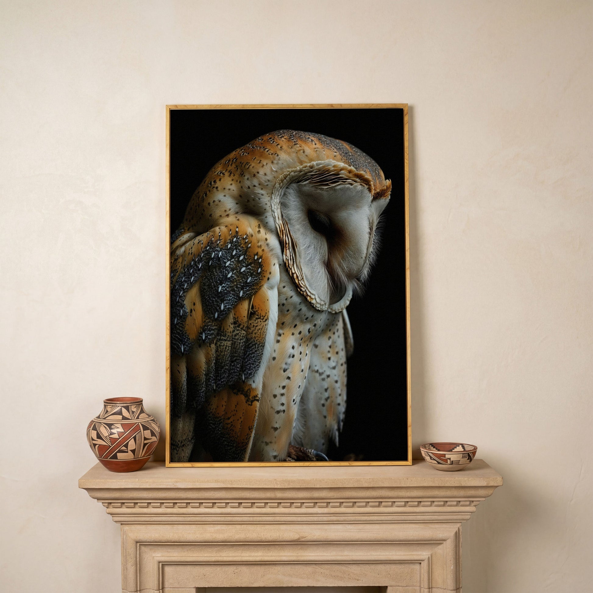Barn Owl Portrait Canvas Print in white oak floating frame