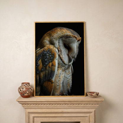 Barn Owl Portrait Canvas Print in white oak floating frame