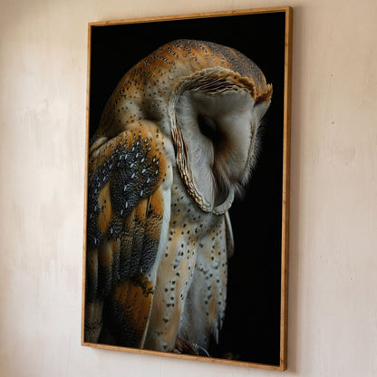 Barn Owl Portrait Canvas Print shown in white oak floating frame