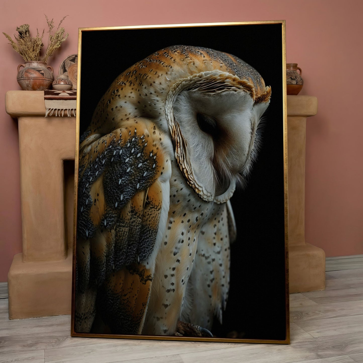 Barn Owl Portrait Canvas Print in rose gold floating frame