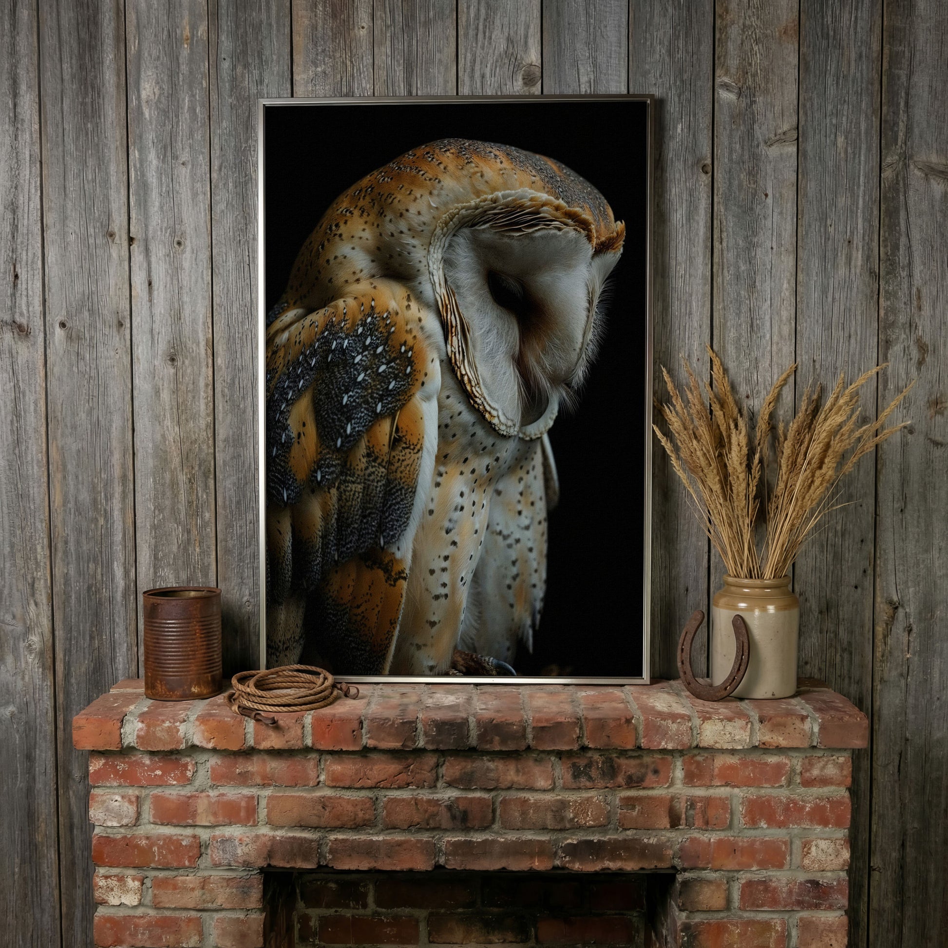 Barn Owl Portrait Canvas Print in silver floating frame