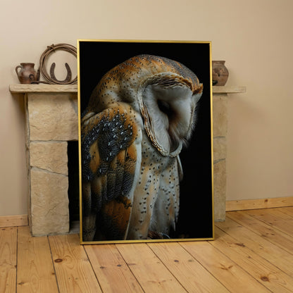 Barn Owl Portrait Canvas Print in yellow gold floating frame