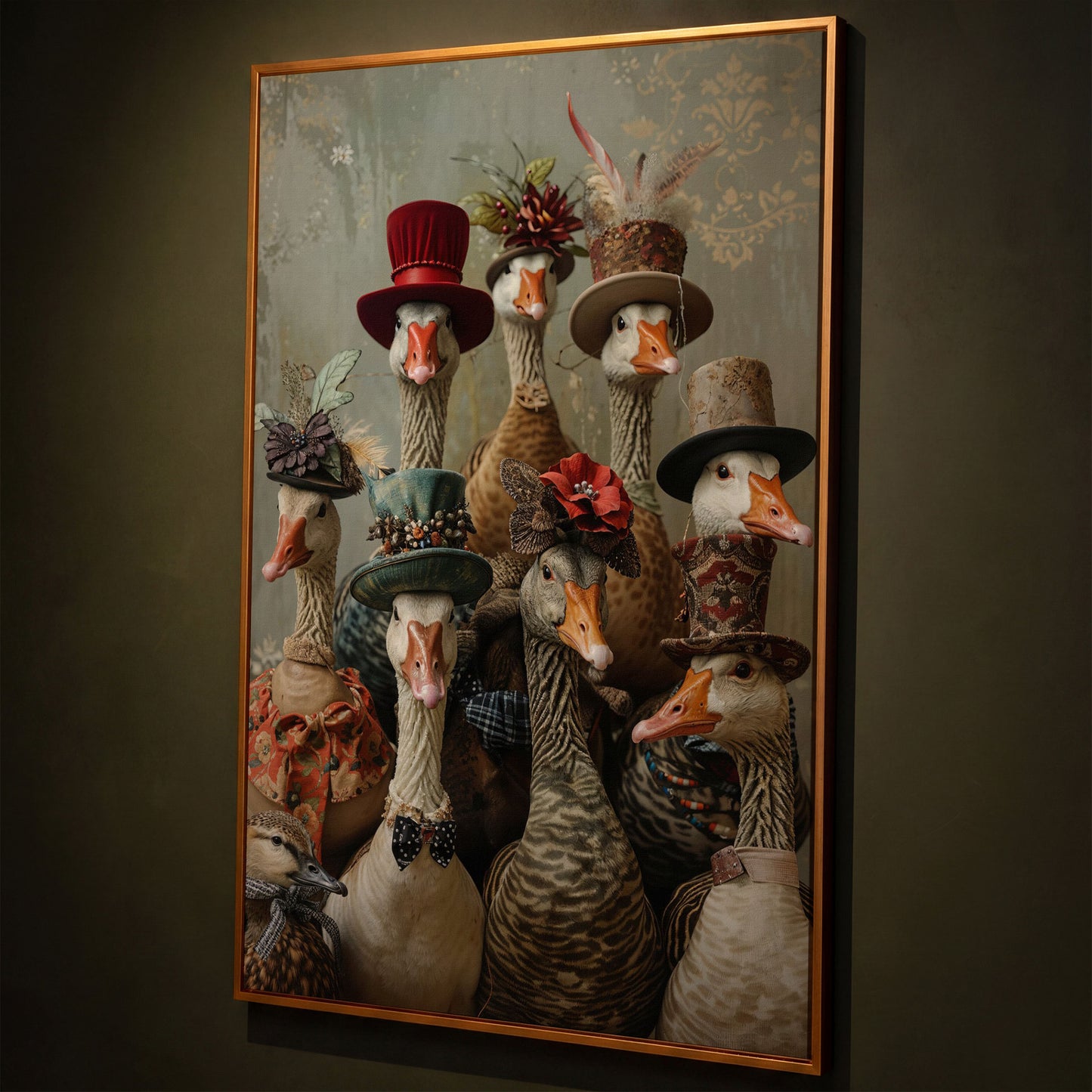 Victorian Geese Family Canvas Print. Quirky Wall Art shown in antique gold floating frame