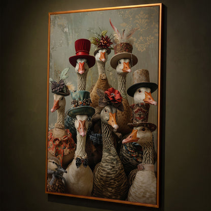 Victorian Geese Family Canvas Print. Quirky Wall Art shown in antique gold floating frame