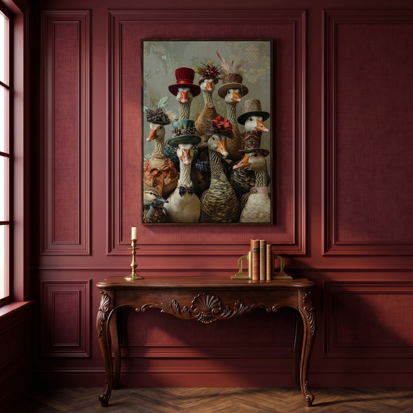 Victorian Geese Family Canvas Print. Quirky Wall Art in dark walnut floating frame