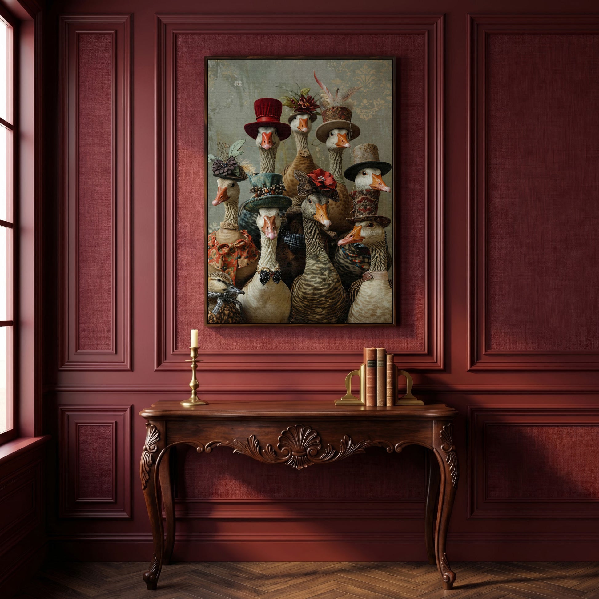 Victorian Geese Family Canvas Print. Quirky Wall Art in dark walnut floating frame
