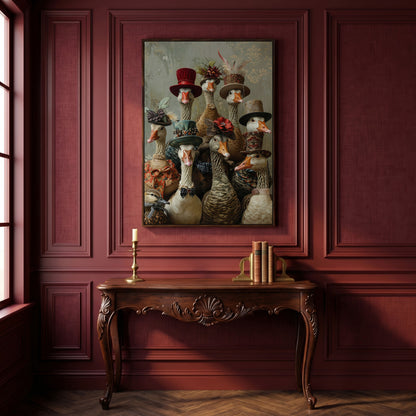 Victorian Geese Family Canvas Print. Quirky Wall Art in dark walnut floating frame