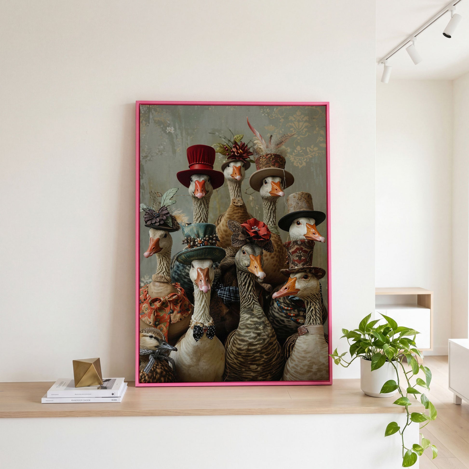 Victorian Geese Family Canvas Print. Quirky Wall Art in pink floating frame