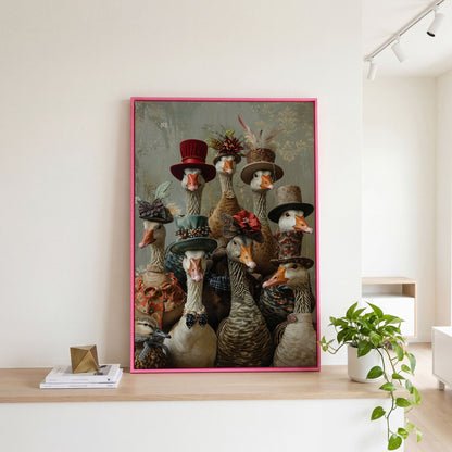 Victorian Geese Family Canvas Print. Quirky Wall Art in pink floating frame