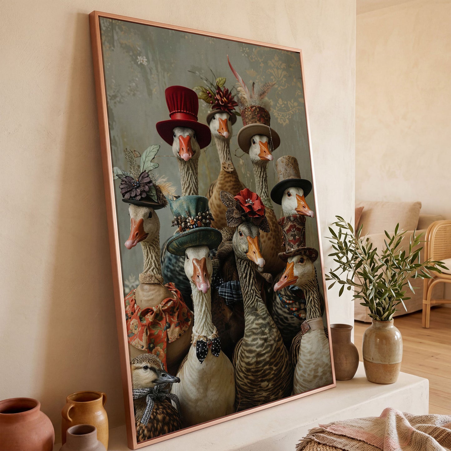 Victorian Geese Family Canvas Print. Quirky Wall Art in rose gold floating frame