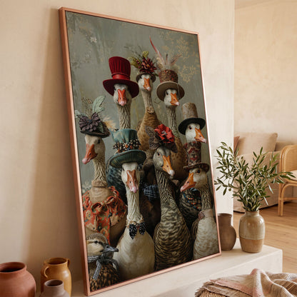 Victorian Geese Family Canvas Print. Quirky Wall Art in rose gold floating frame