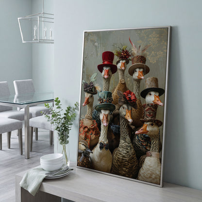 Victorian Geese Family Canvas Print. Quirky Wall Art in silver floating frame
