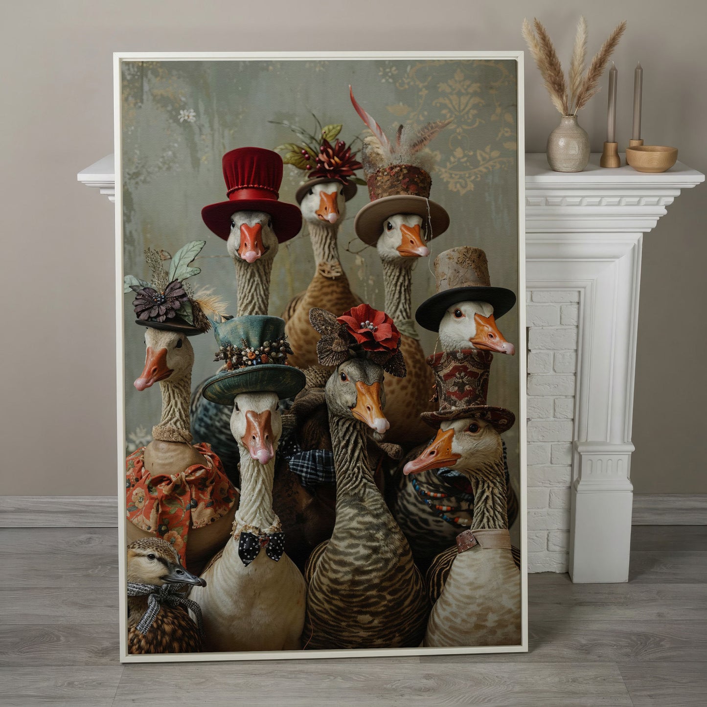Victorian Geese Family Canvas Print. Quirky Wall Art in white floating frame