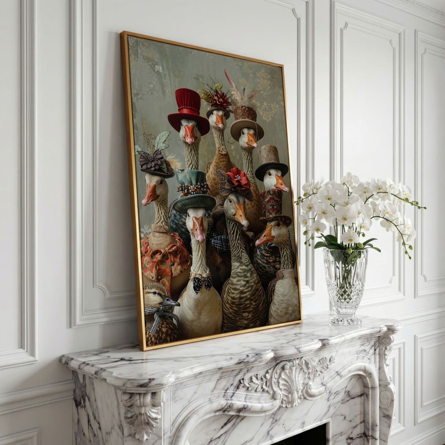 Victorian Geese Family Canvas Print. Quirky Wall Art in yellow gold floating frame