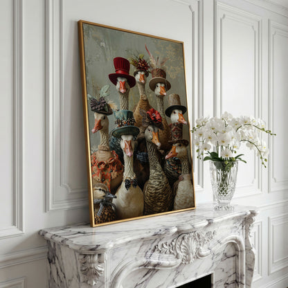 Victorian Geese Family Canvas Print. Quirky Wall Art in yellow gold floating frame