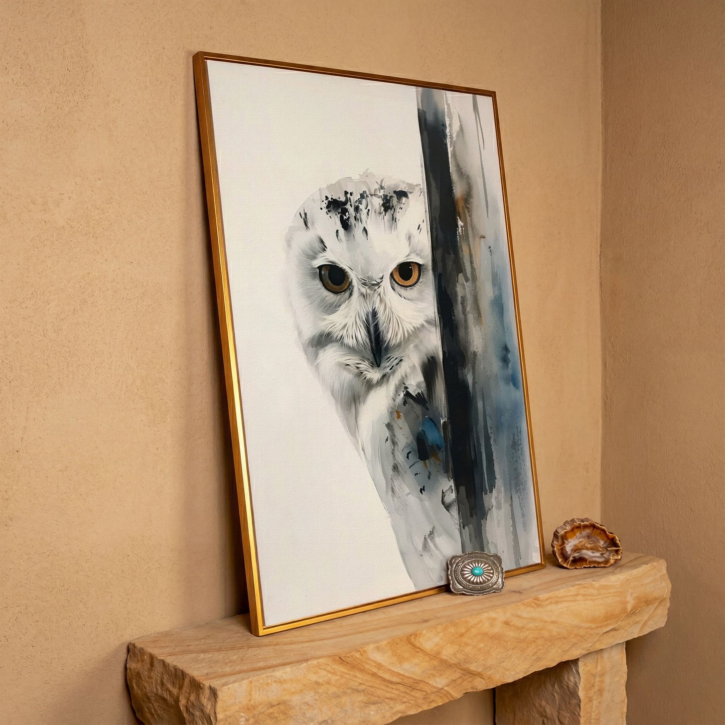 Snowy Owl Canvas Print, Minimalist Portrait in antique gold floating frame