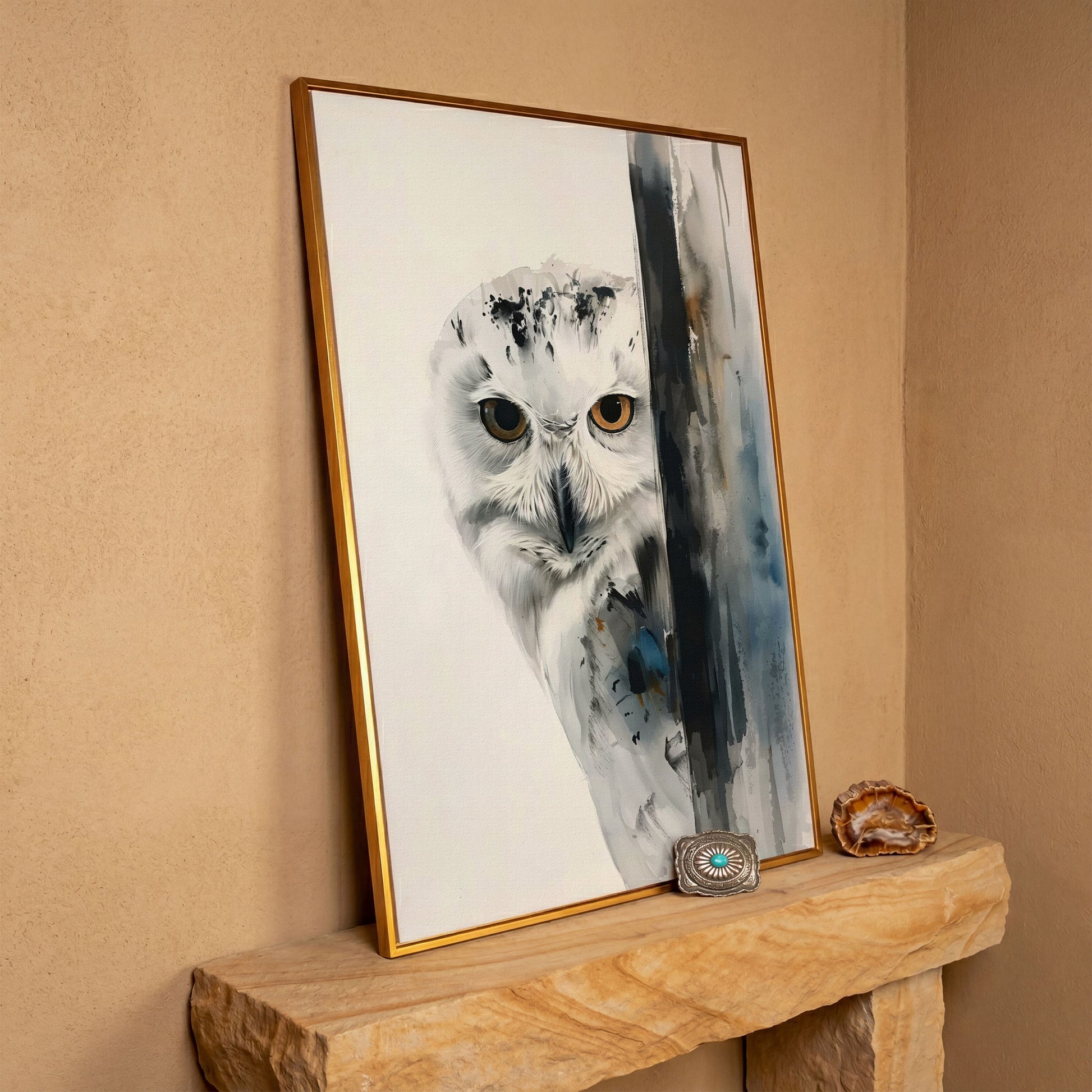 Snowy Owl Canvas Print, Minimalist Portrait in antique gold floating frame