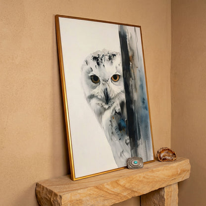 Snowy Owl Canvas Print, Minimalist Portrait in antique gold floating frame
