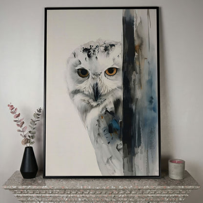 Snowy Owl Canvas Print, Minimalist Portrait in black floating frame