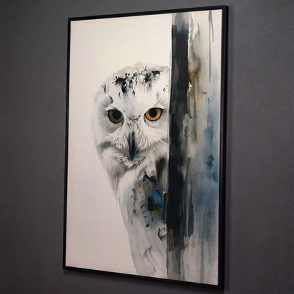 Snowy Owl Canvas Print, Minimalist Portrait shown in black floating frame