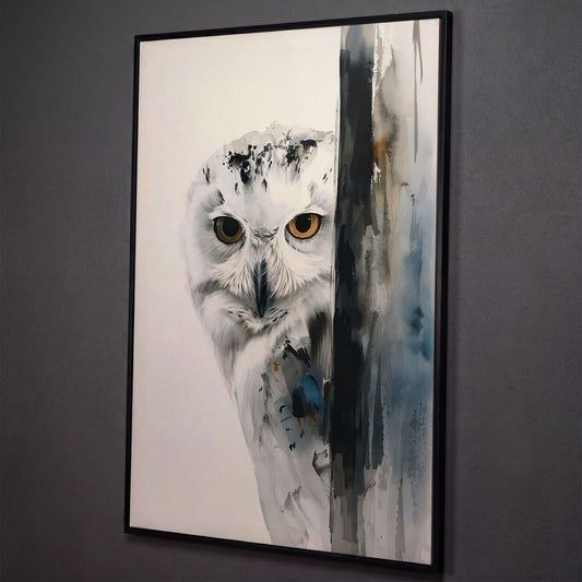 Snowy Owl Canvas Print, Minimalist Portrait shown in black floating frame