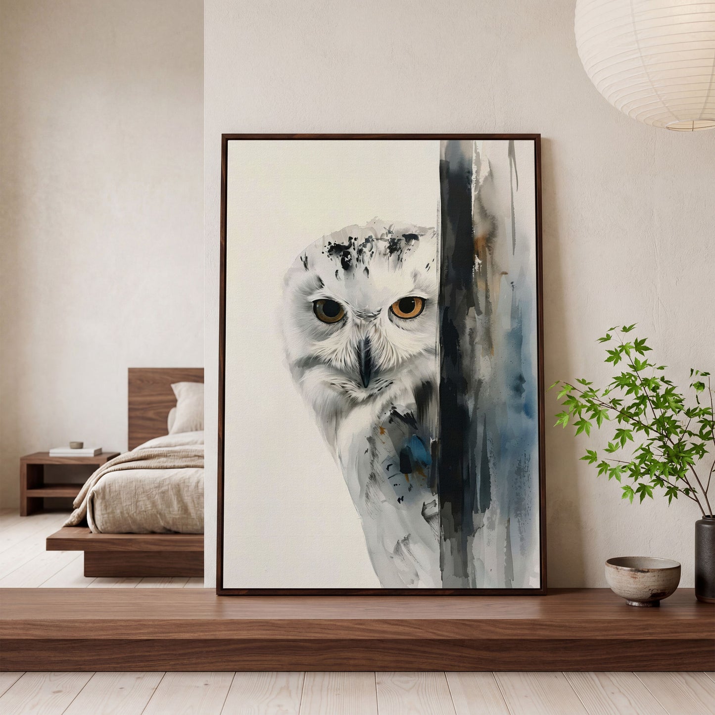 Snowy Owl Canvas Print, Minimalist Portrait in dark walnut floating frame