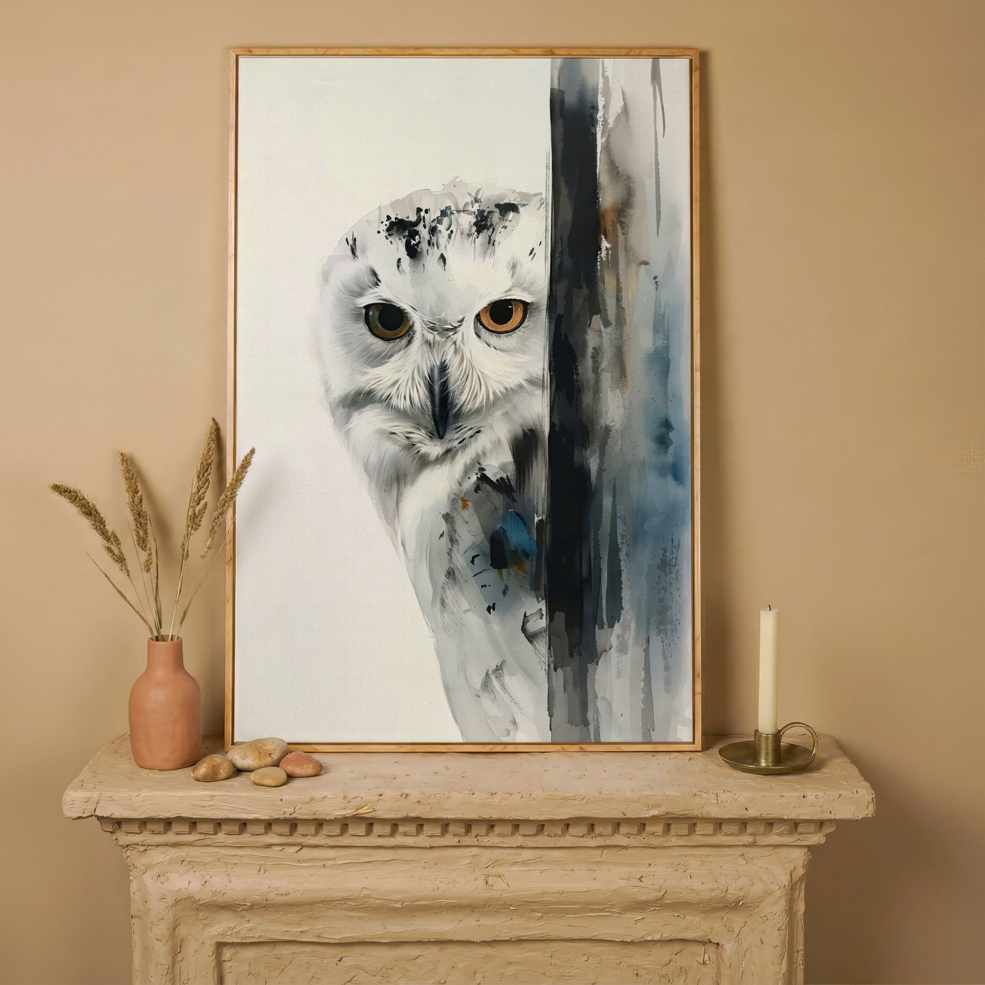 Snowy Owl Canvas Print, Minimalist Portrait in white oak floating frame