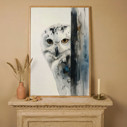Snowy Owl Canvas Print, Minimalist Portrait in white oak floating frame