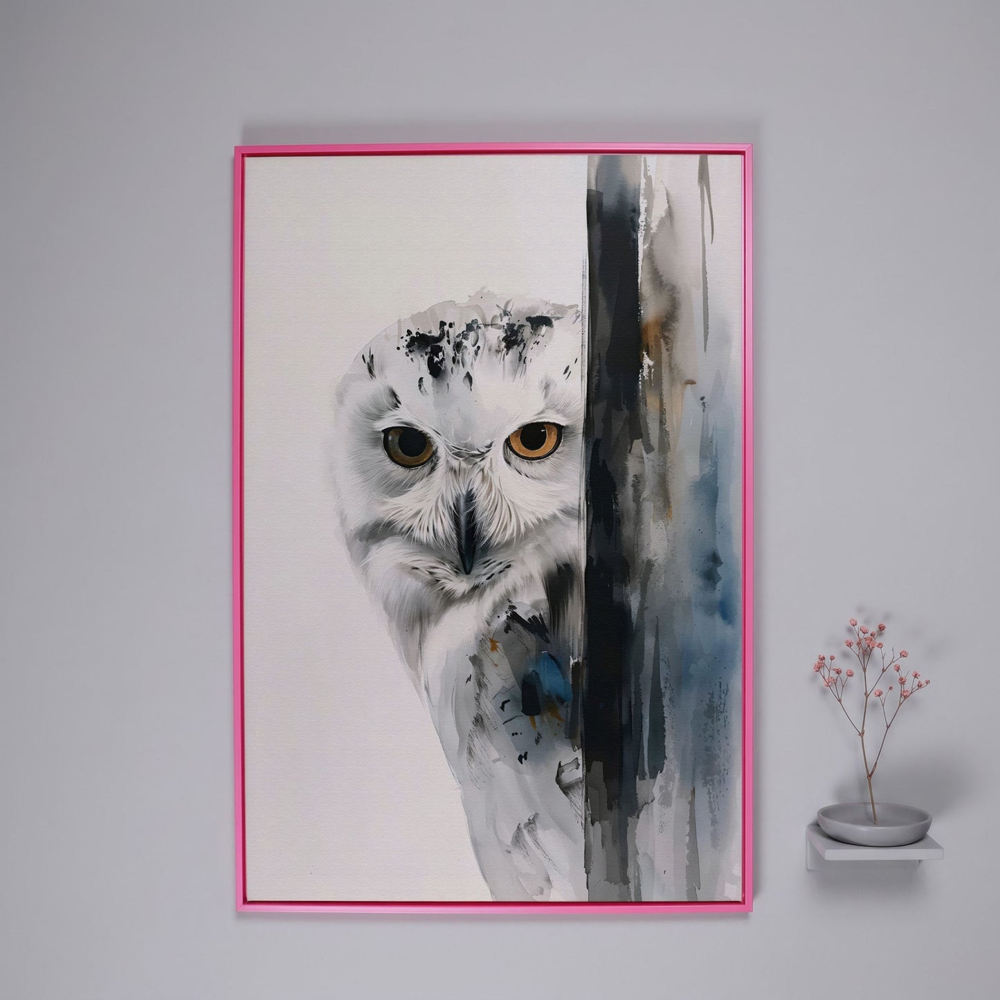 Snowy Owl Canvas Print, Minimalist Portrait in pink floating frame