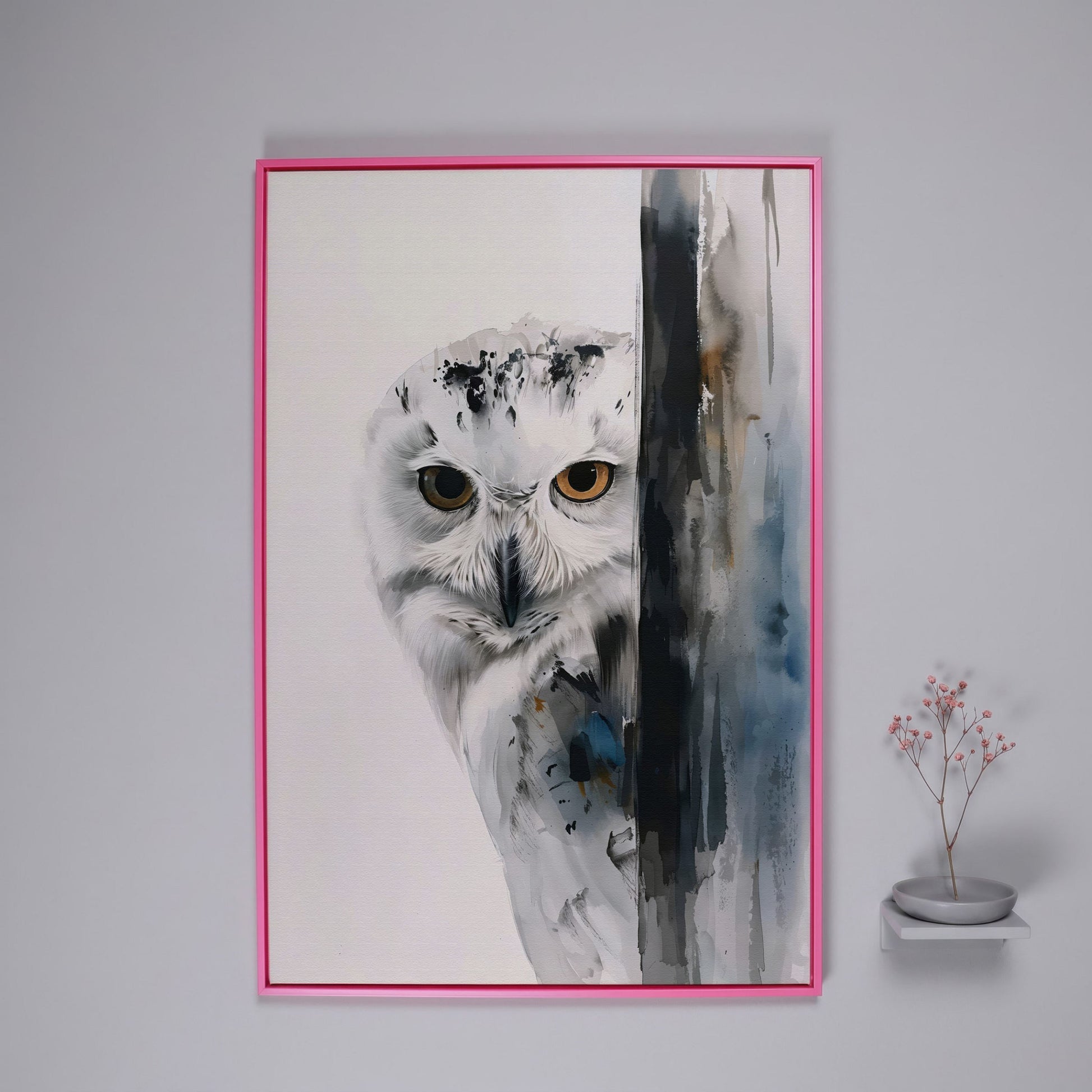 Snowy Owl Canvas Print, Minimalist Portrait in pink floating frame