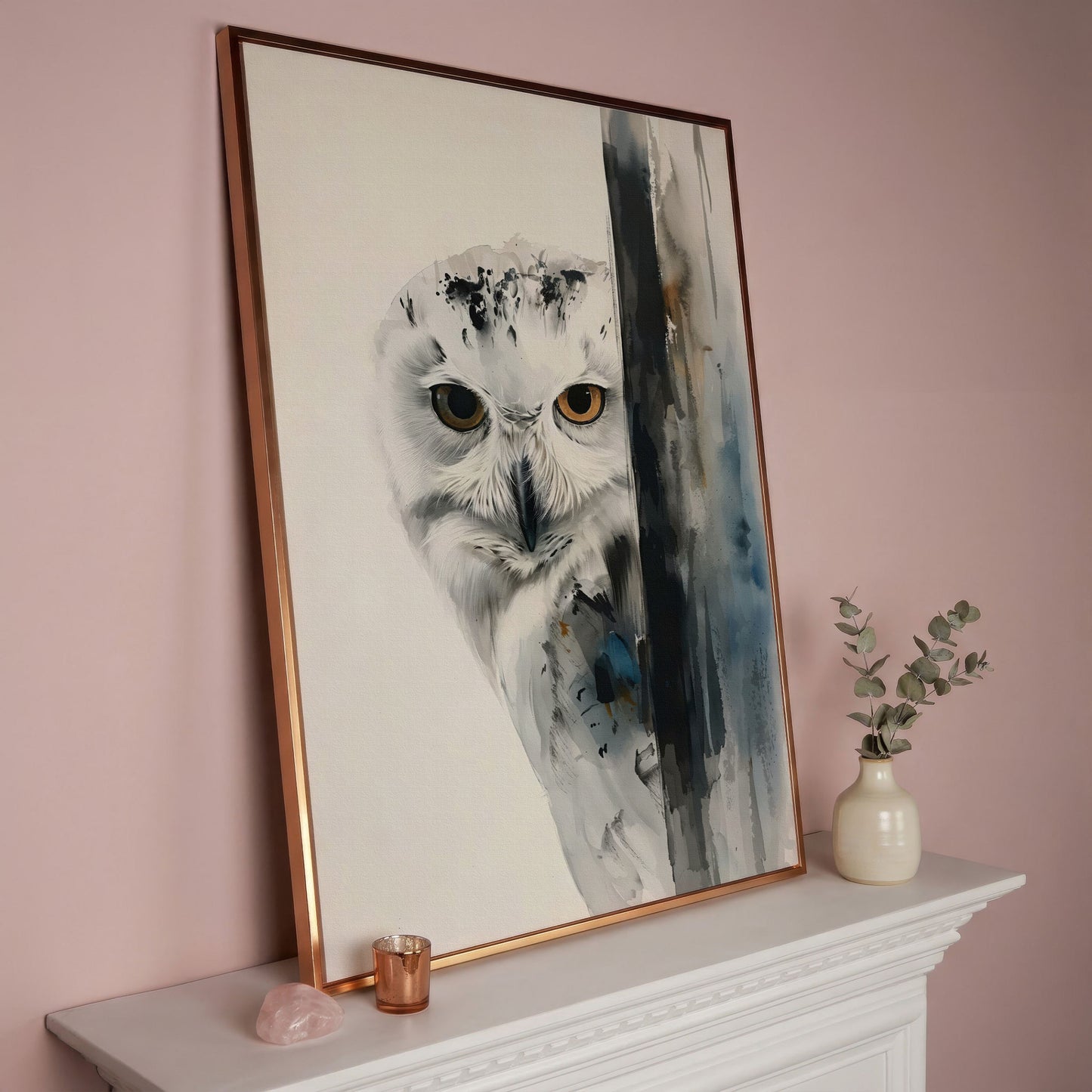 Snowy Owl Canvas Print, Minimalist Portrait in rose gold floating frame