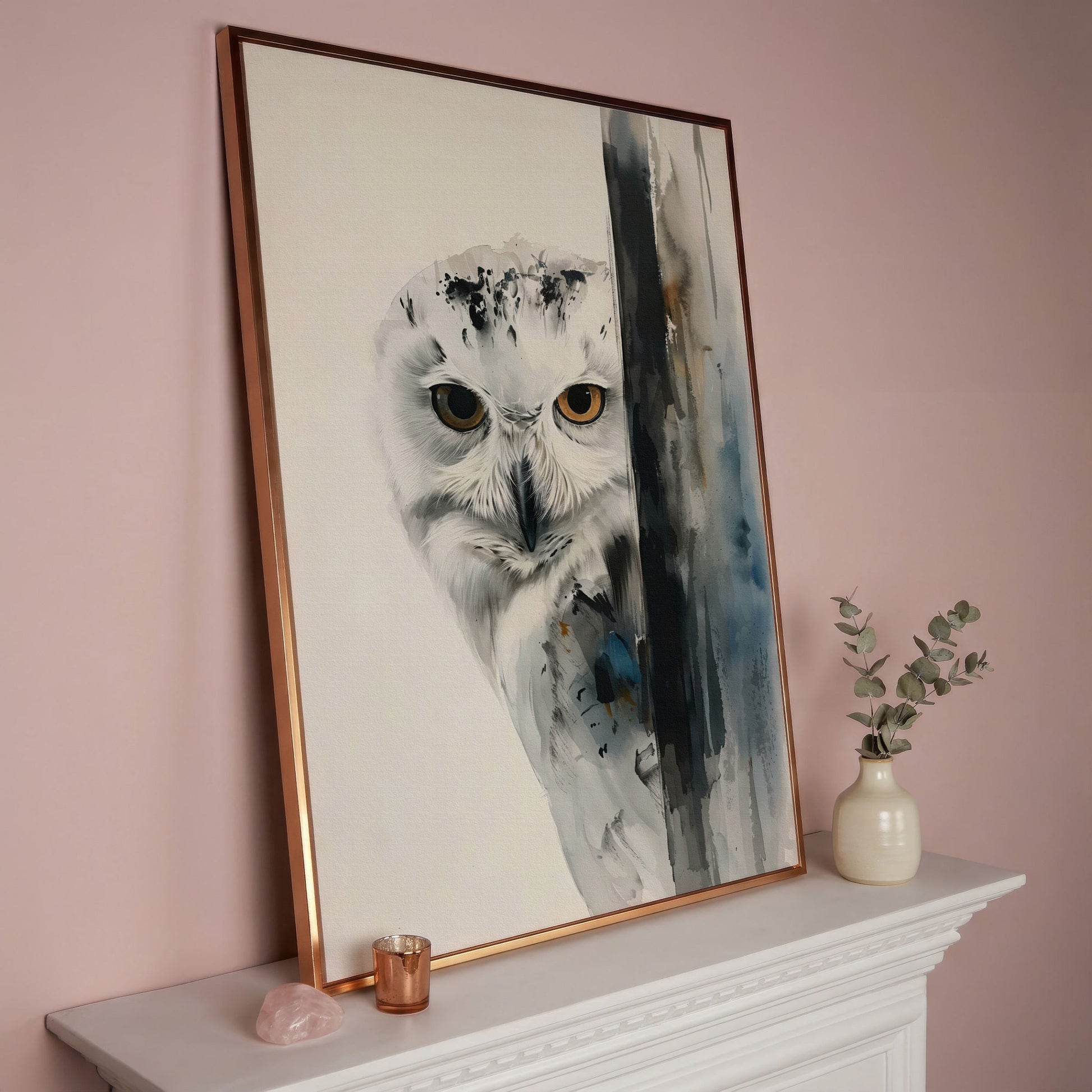 Snowy Owl Canvas Print, Minimalist Portrait in rose gold floating frame
