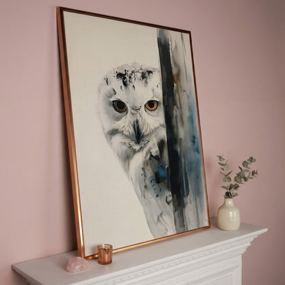 Snowy Owl Canvas Print, Minimalist Portrait in rose gold floating frame