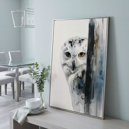 Snowy Owl Canvas Print, Minimalist Portrait in silver floating frame