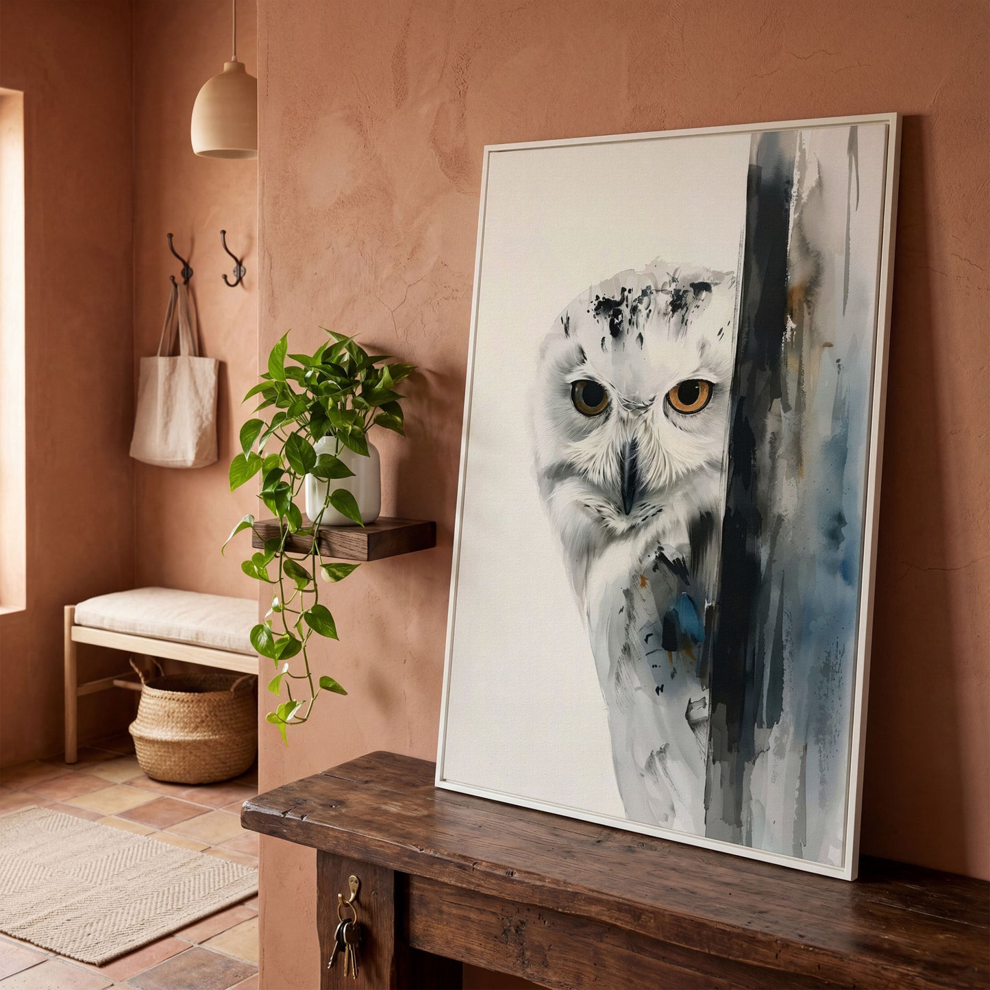 Snowy Owl Canvas Print, Minimalist Portrait in white floating frame