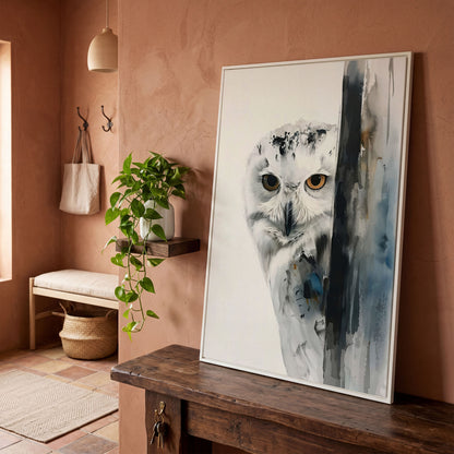 Snowy Owl Canvas Print, Minimalist Portrait in white floating frame