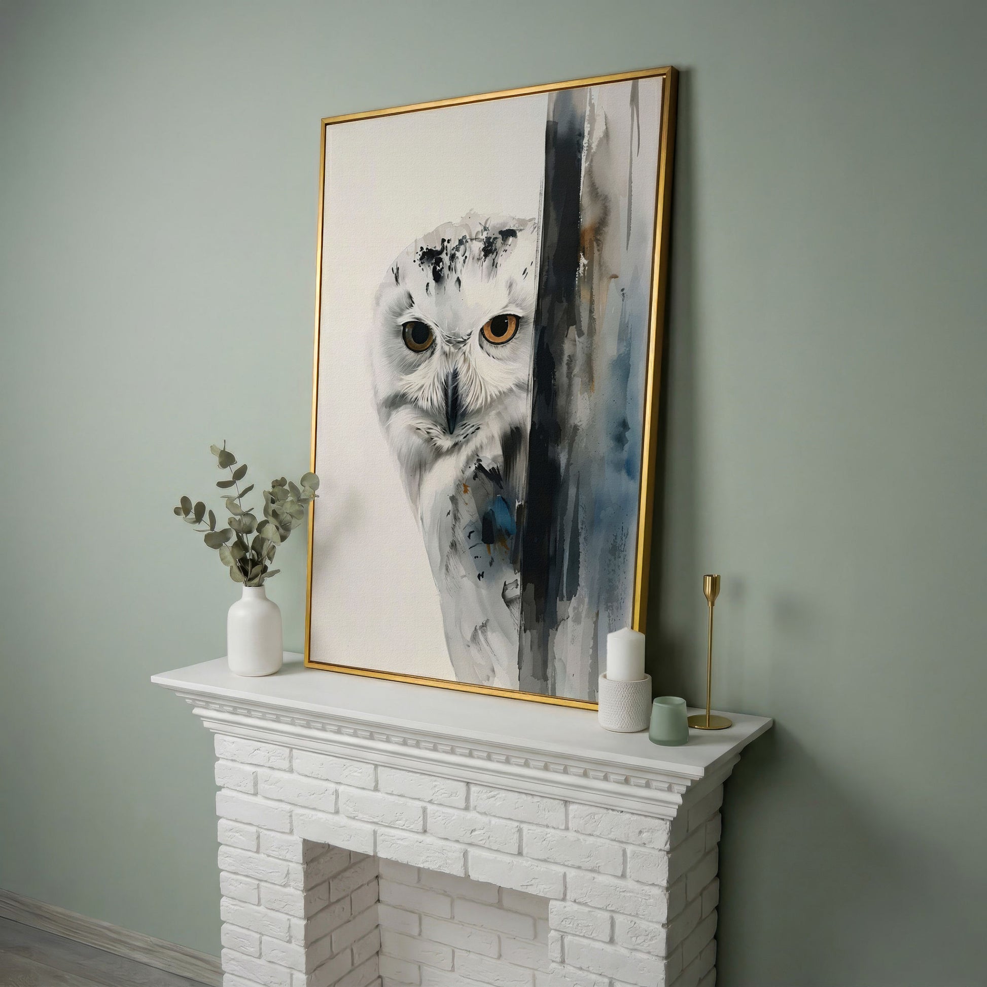 Snowy Owl Canvas Print, Minimalist Portrait in yellow gold floating frame