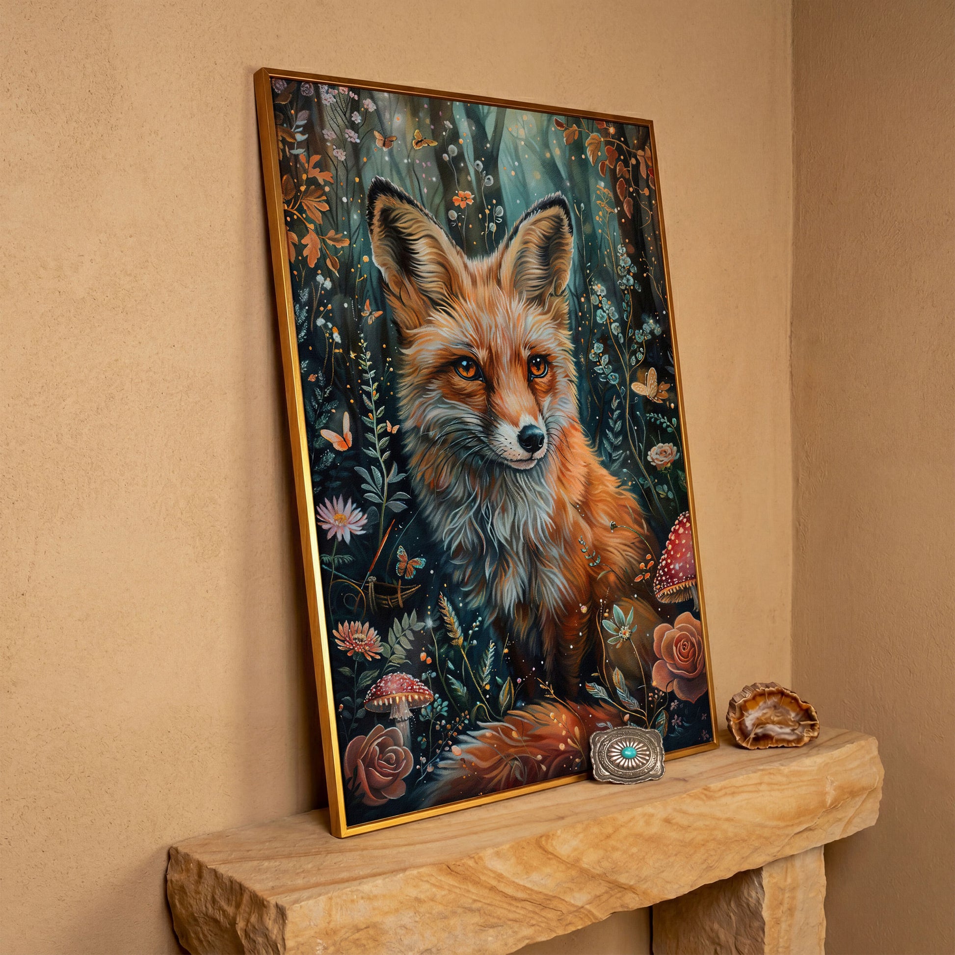 Woodland Fox Canvas Print with Mushrooms and Flowers in antique gold floating frame
