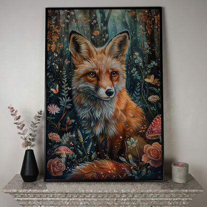 Woodland Fox Canvas Print with Mushrooms and Flowers in black floating frame
