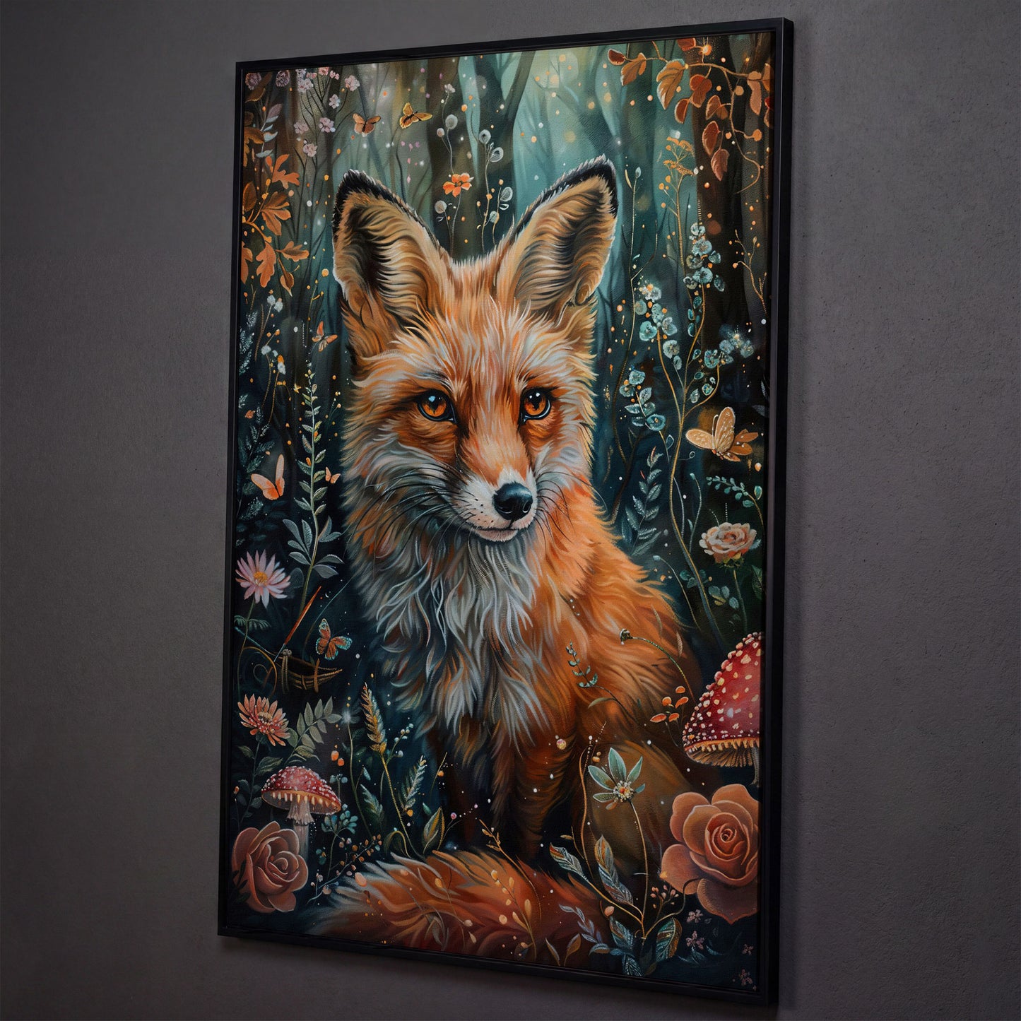 Woodland Fox Canvas Print with Mushrooms and Flowers shown in black floating frame