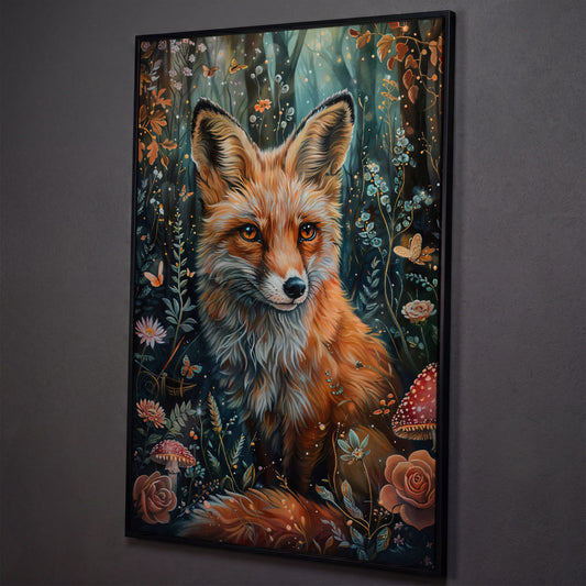 Woodland Fox Canvas Print with Mushrooms and Flowers shown in black floating frame